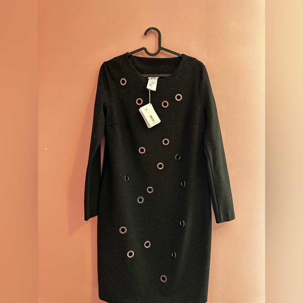 Wolford long sleeve black silver dress with metal rings
